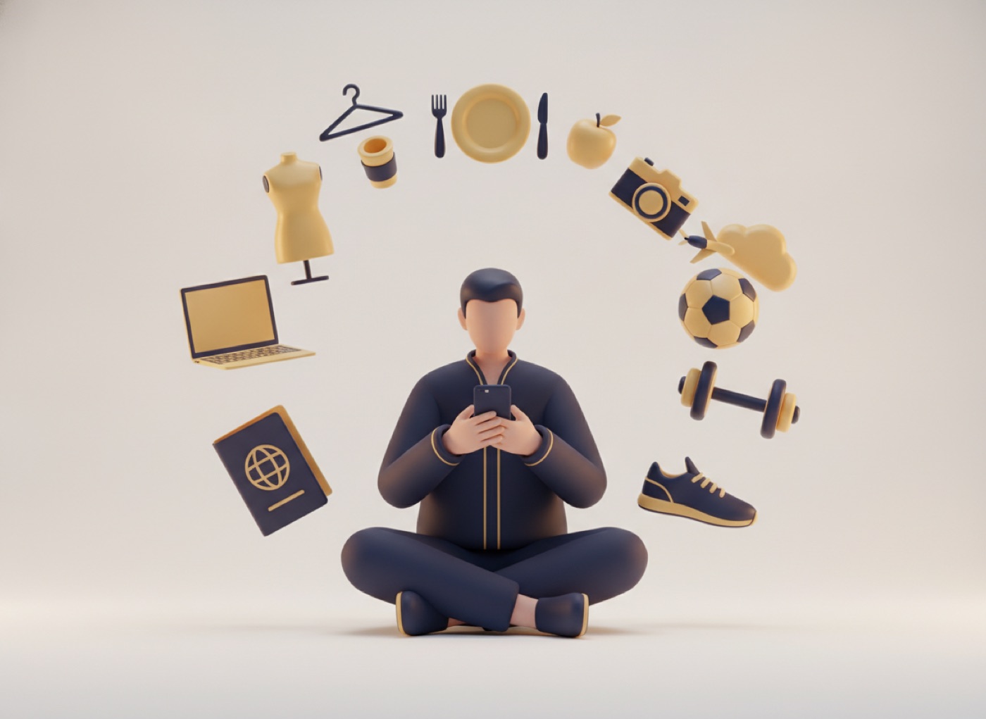 Twórca ze smartfonem otoczony obiektami symbolizującymi nisze: modę, kulinaria, sport, podróże i technologię